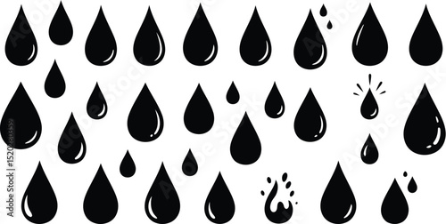 Simple black silhouette of raindrops falling down from the cloudy dark sky formation