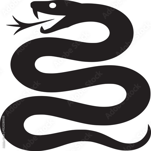 A stylized black snake with its tongue out coiled on a white background in a minimalist design