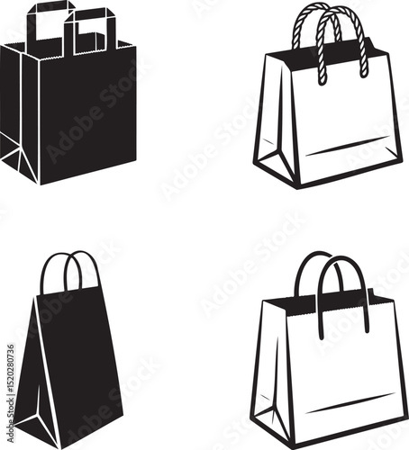Paper bag silhouette & Outline set vector illustration isolated On Transparent Background