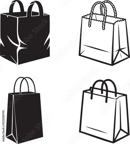 Paper bag silhouette & Outline set vector illustration isolated On Transparent Background