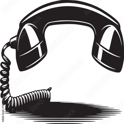 A black and white illustration of a vintage telephone receiver with a coiled cord and a shadow