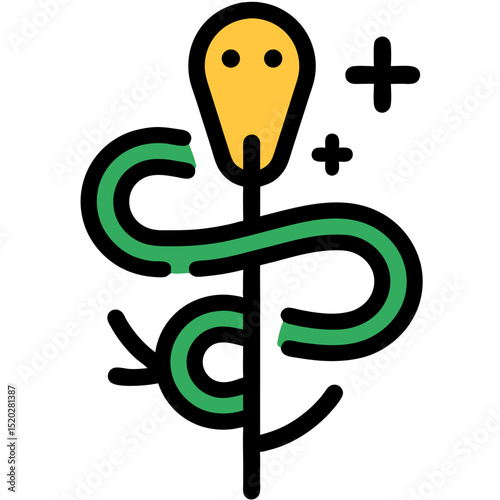 Caduceus Symbol Green Snake Wrapped Around a Staff with Crosses