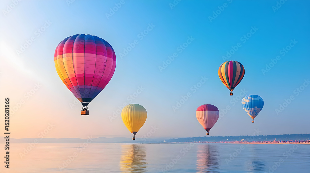 Fototapeta premium Colorful Hot Air Balloons Over Water Sunrise