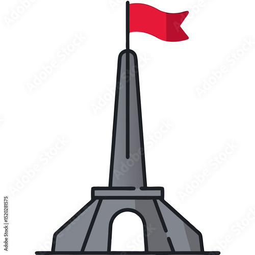 Cartoon depiction of a monument with a red flag on top