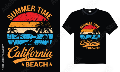 Summer time california beach – vintage typography t-shirt design perfect for summer vibes, surf lovers, beach vacations, travel lifestyle, retro style apparel, ready for print