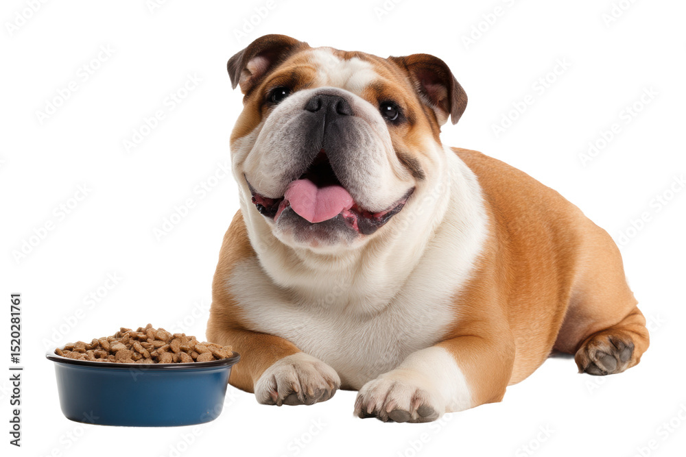 Obraz premium Happy english bulldog relaxing with food bowl on white background, cut out