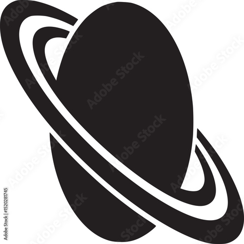 An illustration of a black planet with rings orbiting it on a white background in a simple style