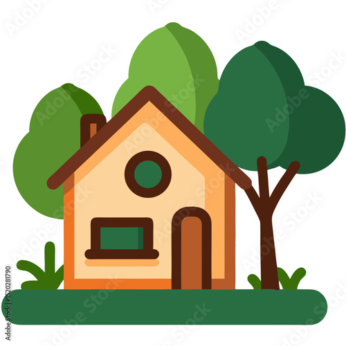 Cartoon House with Trees Chimney Window and Door on Green Lawn