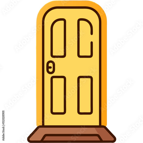 Cartoon illustration of a yellow door with brown trim and doormat