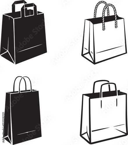 Paper bag silhouette & Outline set vector illustration isolated On Transparent Background