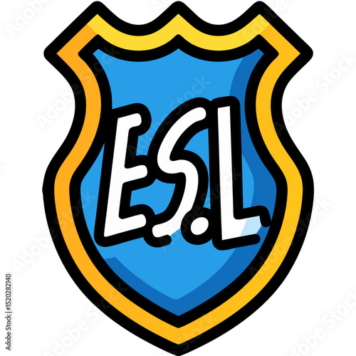 Cartoonish ESL Shield Emblem with Black Outline and Blue Fill