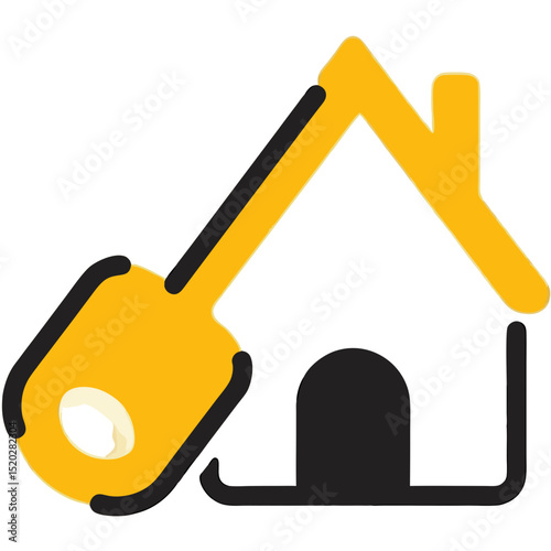 Golden Key and House Icon with Black Outline and Door