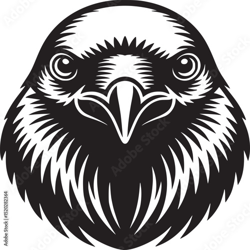Stylized black and white illustration of an eagle head with a sharp beak and intense gaze facing forward