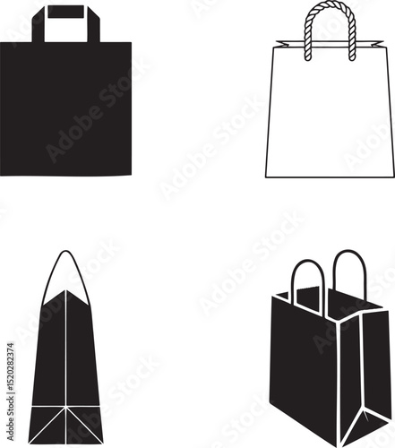 Paper bag silhouette & Outline set vector illustration isolated On Transparent Background