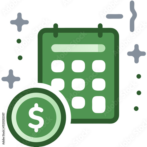 Green Calendar Icon with Dollar Coin and Sparkle Elements