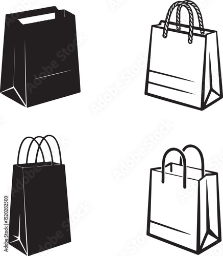 Paper bag silhouette & Outline set vector illustration isolated On Transparent Background