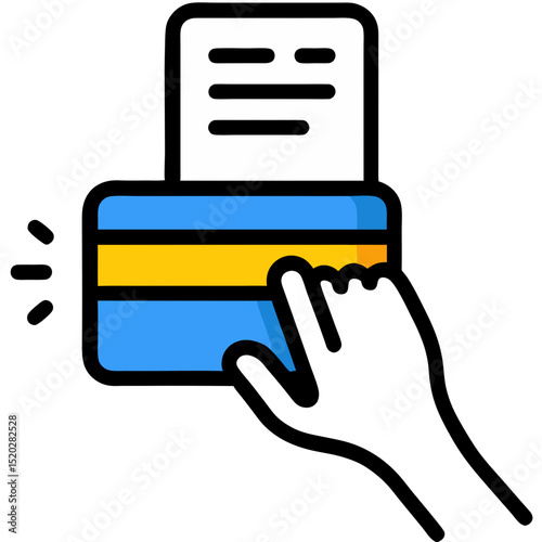 Hand interacting with a blue and yellow card reader with paper