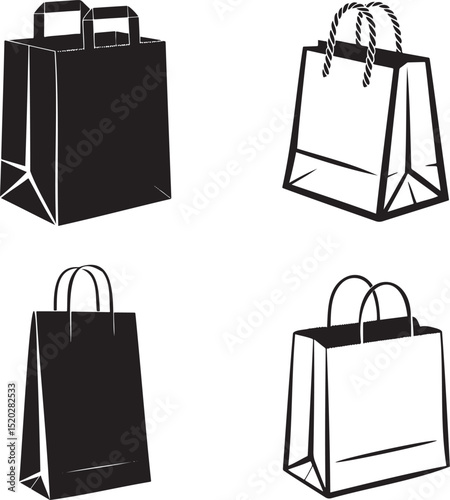 Paper bag silhouette & Outline set vector illustration isolated On Transparent Background