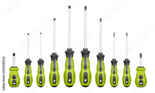 Set of Philips and flathead screwdrivers Green color on isolated white background close-up