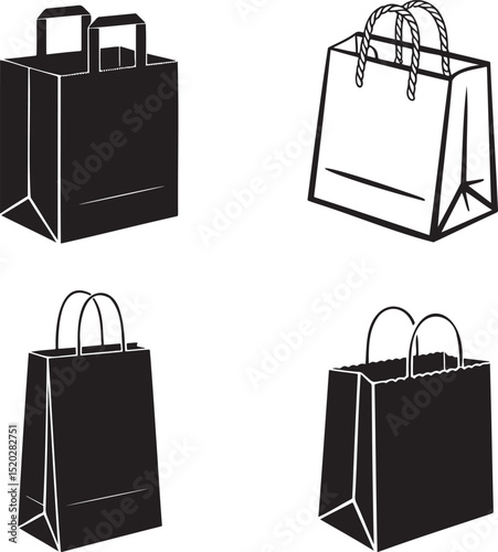 Paper bag silhouette & Outline set vector illustration isolated On Transparent Background