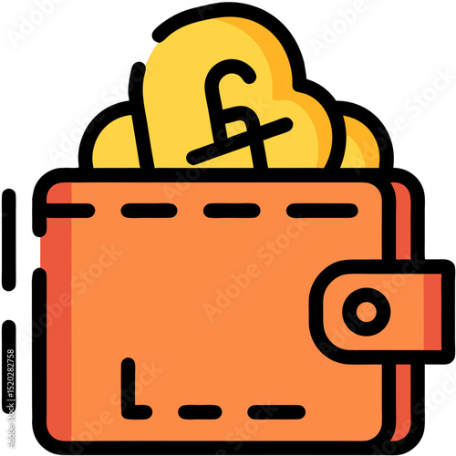 Orange Wallet Overflowing with Gold Coins Featuring Pound Sterling Symbol