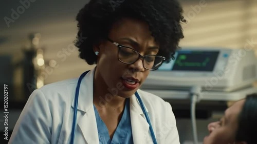 Concerned doctor in lab coat and glasses looking at patient near medical monitor screen