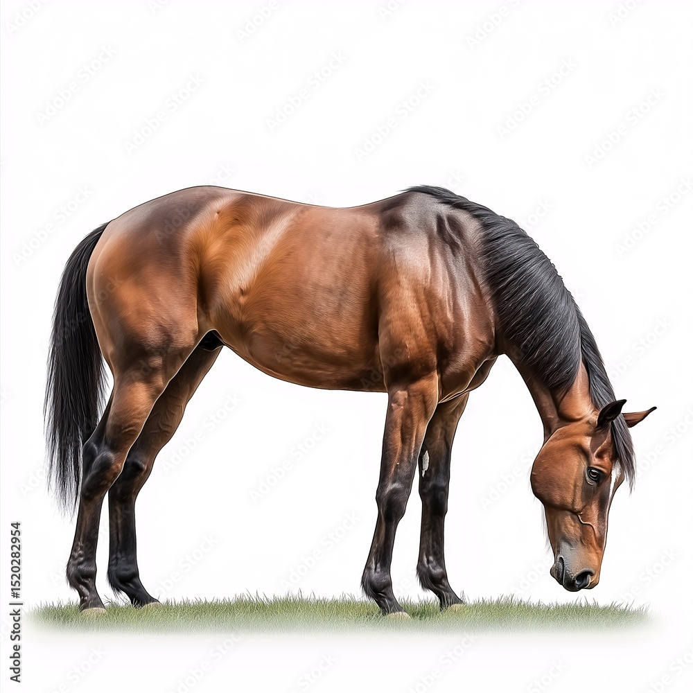 Obraz premium Brown Horse Grazing in Serene Farm Pasture - Equine Beauty and Nature's Tranquil Wildlife Portrait