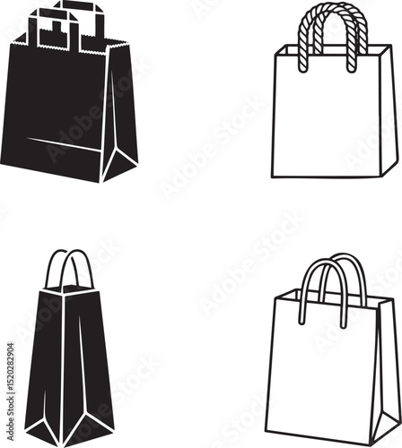 Paper bag silhouette & Outline set vector illustration isolated On Transparent Background
