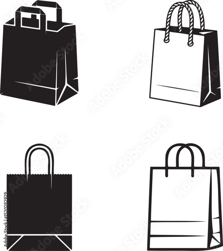 Paper bag silhouette & Outline set vector illustration isolated On Transparent Background