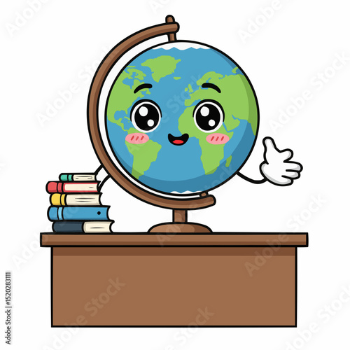 Happy globe character with books on a desk displaying geography  