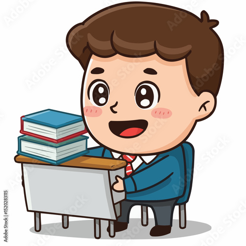 Young boy studying happily at desk with books in a classroom