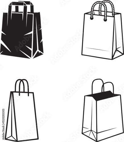 Paper bag silhouette & Outline set vector illustration isolated On Transparent Background