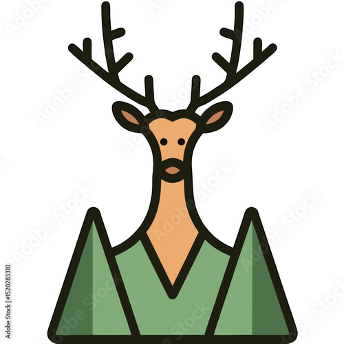 Stylized Deer with Antlers Emerging from Green Mountains