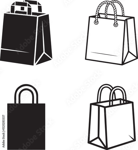 Paper bag silhouette & Outline set vector illustration isolated On Transparent Background