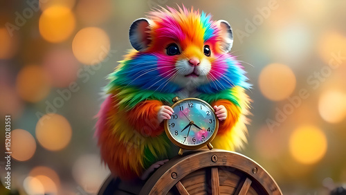 Rainbow Hamster Holds a Clock