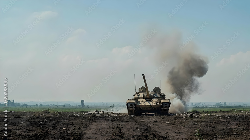 Fototapeta premium Military Tank Firing In Rural Area