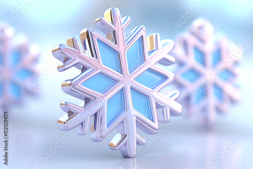 Intricate snowflake design with translucent blue accents against a soft, blurred winter background. Delicate snowflakes featuring light blue centers and shimmering edges are arranged artistically