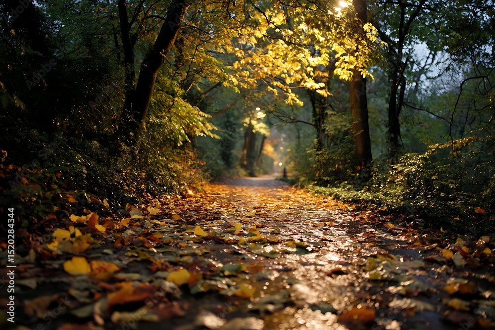 Obraz premium Autumn Path Glowing in Sunlight with Golden Foliage, Park Nature Scene, and Seasonal Beauty.