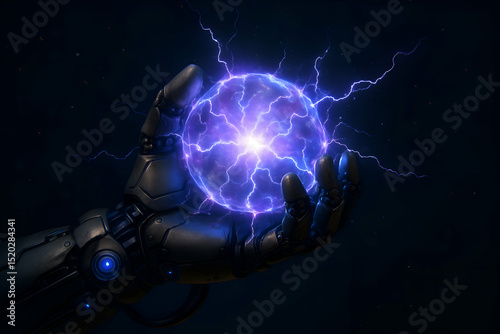 Metallic Robotic Hand Holding Glowing Energy Orb Sci-Fi Digital Art