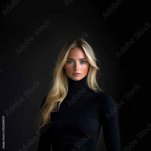 A blonde woman with blue eyes is facing forward. She is wearing a black turtleneck shirt against a simple dark background.