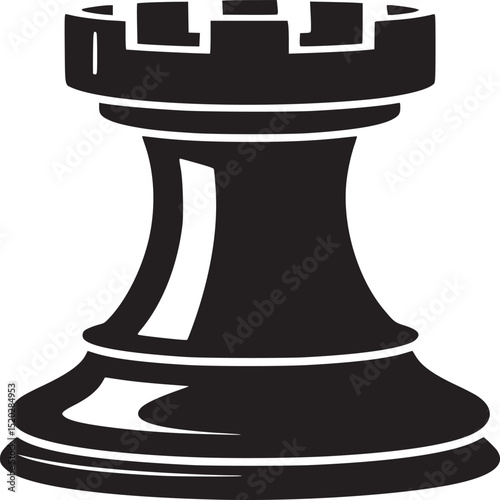 Isolated black rook chess piece with crenellations against a plain white background in a simple style