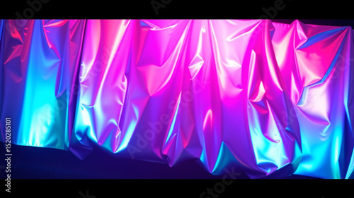 Vibrant, iridescent fabric with a wavy texture, glowing in bright, dynamic colors.