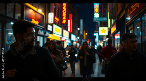 Busy city street at night with vibrant lights and a lively crowd.