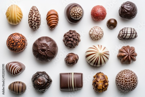 Assorted artisanal chocolates arranged on a white background