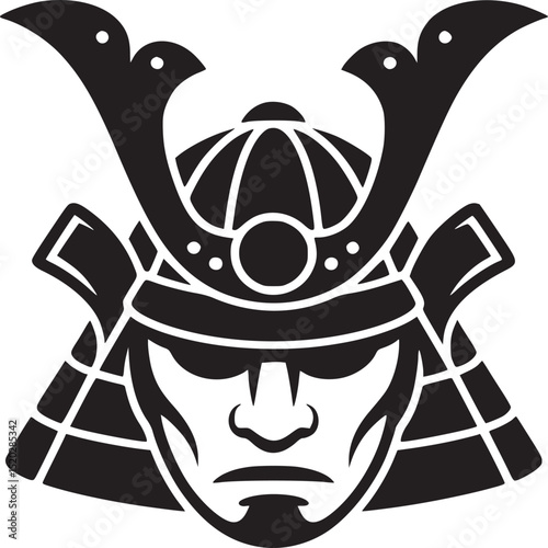 A stylized black and white illustration of a samurai warrior wearing a traditional helmet design