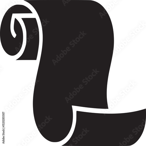 A black and white graphic illustration of a scroll with a curled edge on a white background plain