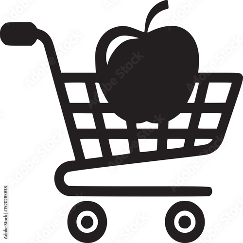 Illustration of a shopping cart with a red apple inside against a white background with a shadow