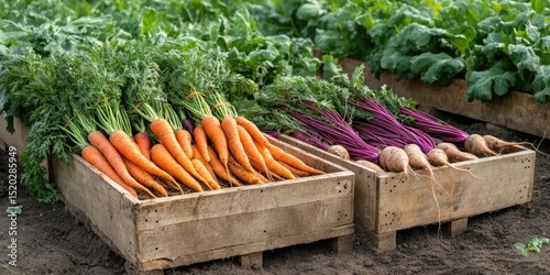 Freshly Harvested Carrots and Beetroot in Wooden Boxes
