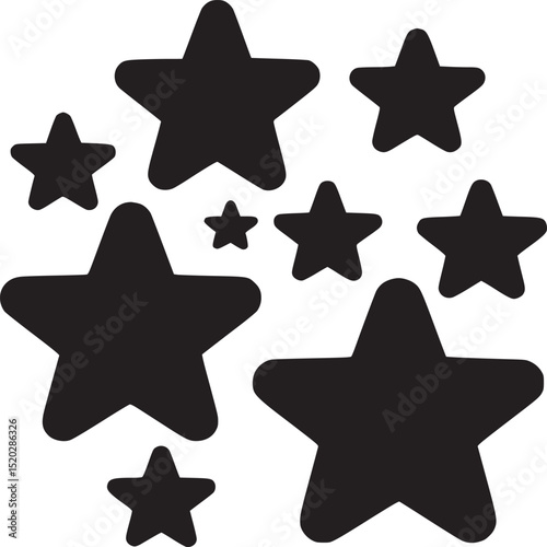 A collection of various sized black star shapes scattered on a plain white background illustration