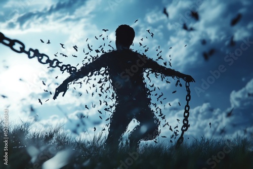 Silhouette of a person dissolving into birds